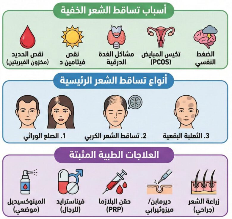 أسباب تساقط الشعر الخفية، والرئيسية، والعلاجات الطبية المثبتة علميا