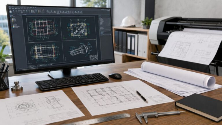محطة عمل هندسية تعرض عدة لوحات أوتوكاد بجوار طابعة مخططات ورسومات تنفيذية
