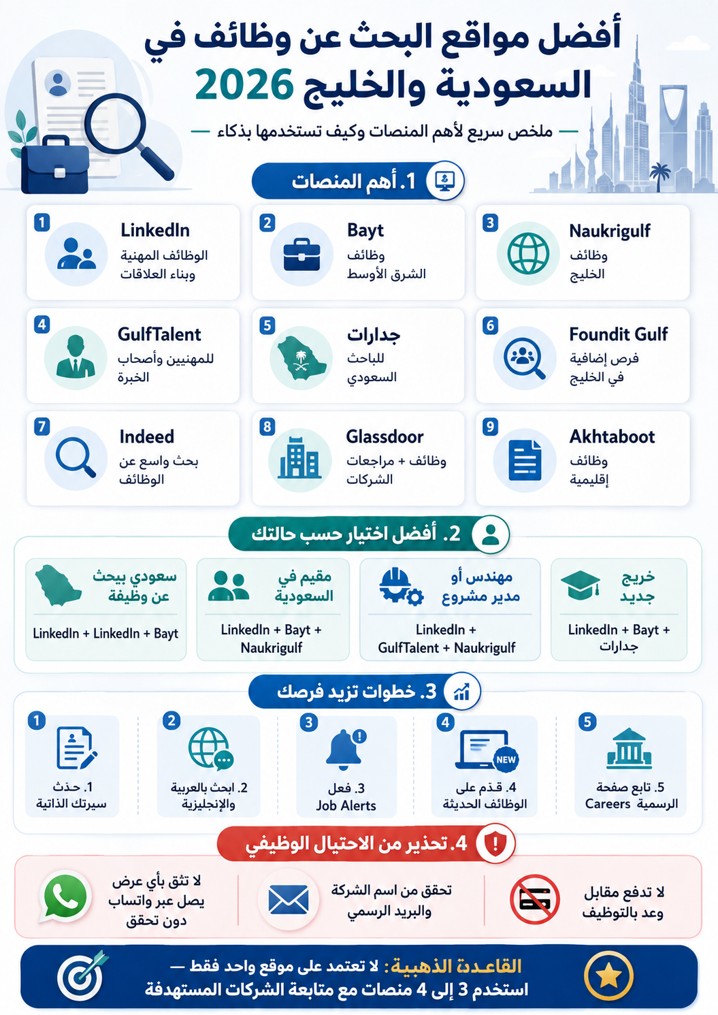 إنفوجرافيك يوضح أفضل مواقع البحث عن وظائف في السعودية والخليج 2026 ونصائح زيادة فرص التوظيف
