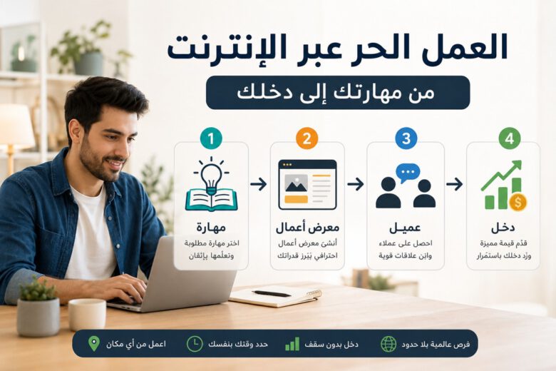 دليل العمل الحر عبر الإنترنت: من الصفر إلى أول عميل 1 إنفوجرافيك يوضح خطوات بدء العمل الحر عبر الإنترنت من التعلم وبناء معرض الأعمال حتى الوصول إلى العميل