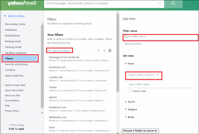 إعداد فلتر جديد لتنظيم رسائل البريد الإلكتروني في Yahoo Mail