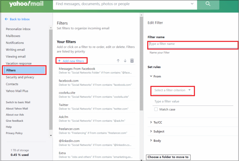 إعداد فلتر جديد لتنظيم رسائل البريد الإلكتروني في Yahoo Mail