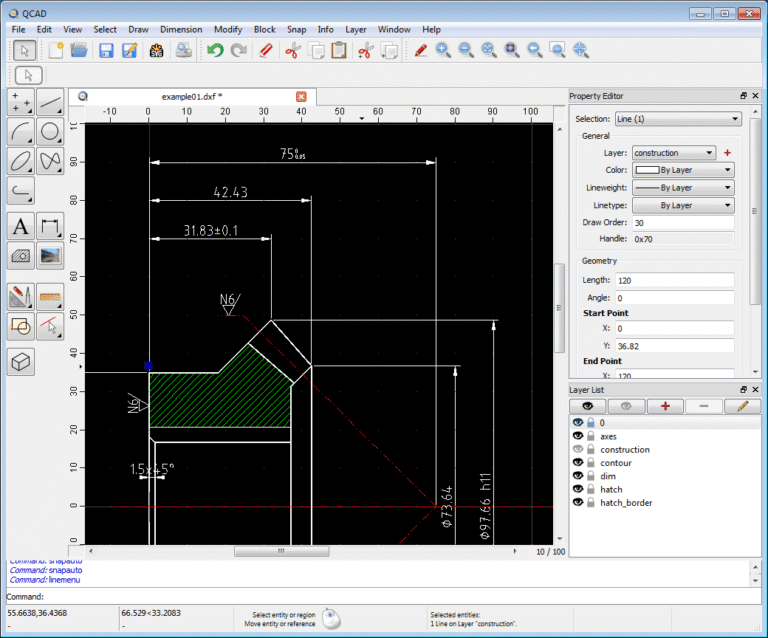 واجهة برنامج QCAD للرسم الهندسي ثنائي الأبعاد
