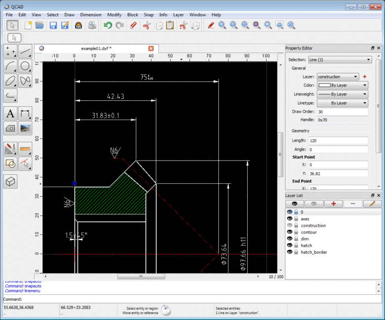 واجهة برنامج QCAD للرسم الهندسي ثنائي الأبعاد