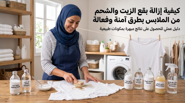 إزالة بقع الزيت والشحم من الملابس باستخدام سائل التنظيف وبيكربونات الصوديوم