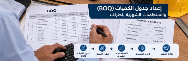 مهندس كميات يراجع جدول BOQ وشهادة مستخلص شهري مع خطوات تحليل الأسعار وإدارة العقود
