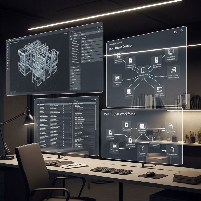 الدليل الشامل لإدارة حزم وثائق البناء 2027 1 مهندس يدير حزم وثائق البناء الرقمية في موقع إنشائي حديث 2027