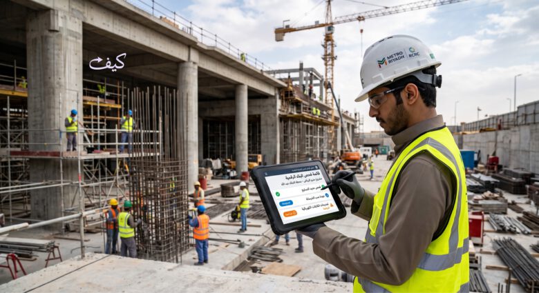 تطبيق قوائم فحص البناء الرقمية على جهاز لوحي في موقع العمل
