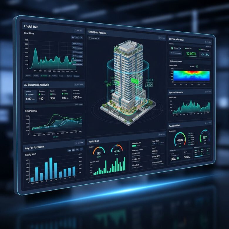 لوحة تحكم التوأمة الرقمية لمبنى ذكي تظهر تحليلات البيانات الهندسية - كيف تكون مهندسا ناجحا في 2027