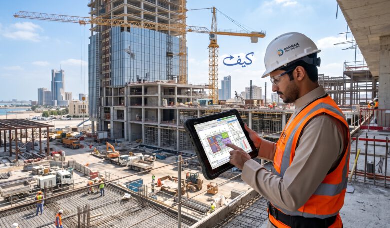 مهندس يستخدم التكنولوجيا والذكاء الاصطناعي في الموقع