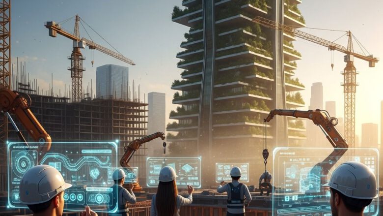 دليل نجاح المهندسين المدنيين والمعماريين في 2027 1 مهندسون في موقع بناء مستقبلي عام 2027 يستخدمون تقنيات متطورة