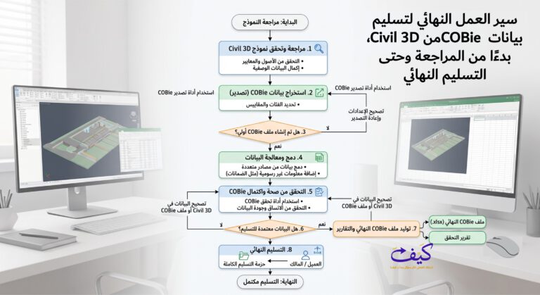 مخطط انسيابي يوضح سير العمل النهائي لتسليم بيانات COBie من Civil 3D، بدءًا من المراجعة وحتى التسليم النهائي.