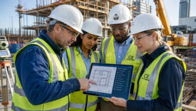 فريق من المهندسين يراجعون المخططات الهندسية في موقع بناء حديث