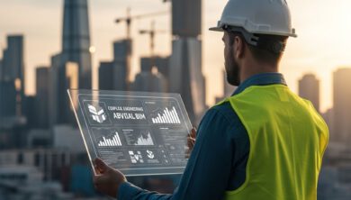 أهم الاختصارات الهندسية في مواقع الإنشاءات 1 مهندس موقع محترف يراجع الاختصارات الهندسية ونماذج BIM في موقع بناء حديث 2027
