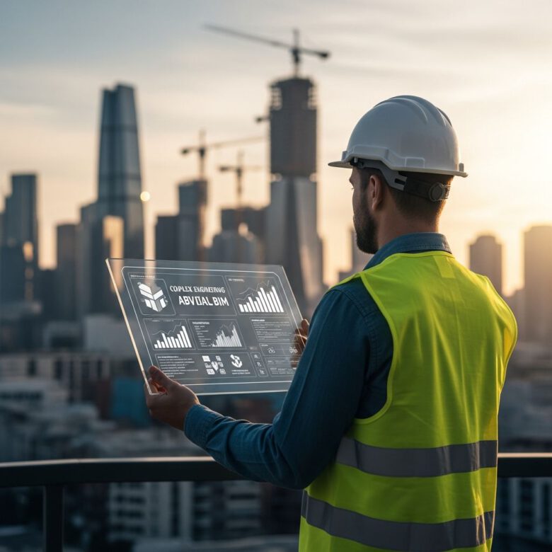 أهم الاختصارات الهندسية في مواقع الإنشاءات 2026–2027 1 مهندس موقع محترف يراجع الاختصارات الهندسية ونماذج BIM في موقع بناء حديث 2027