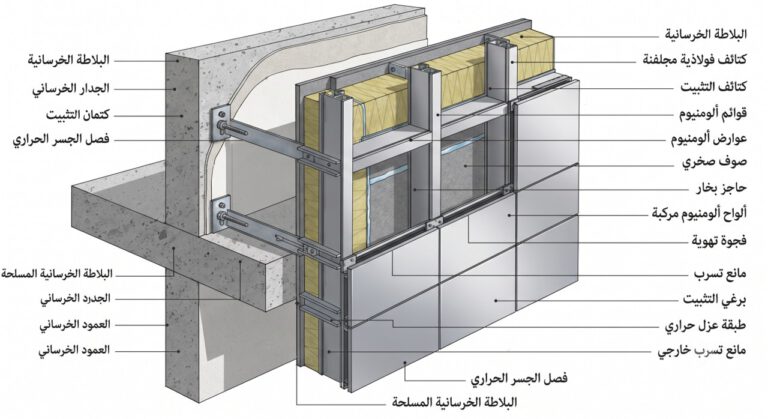 مقطع عرضي يوضح تفاصيل نظام تركيب الواجهات والعزل