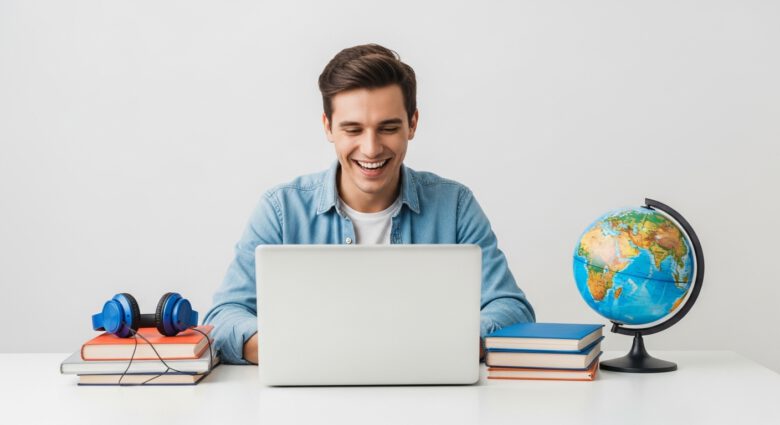 كيف أتعلم اللغة الإنجليزية بسرعة وأتكلم بها كالمحترفين: دليل 2026 1 شخص يتعلم اللغة الإنجليزية بسعادة باستخدام حاسوب محمول مع كتب وسماعات رأس.