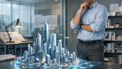 مهندس معماري محترف يدرس نموذجاً لمدينة مستقبلية