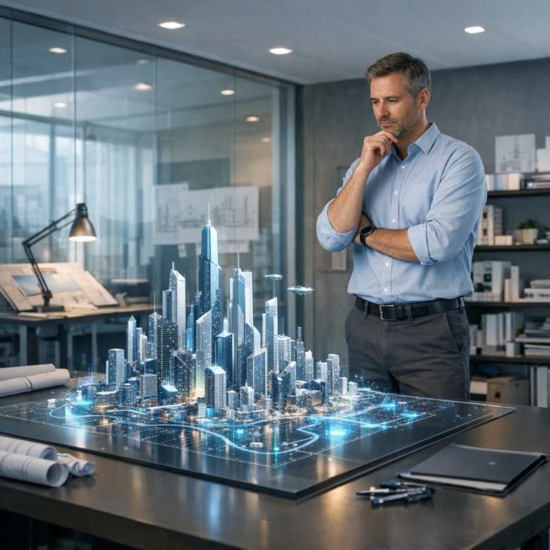 كيف تصبح مهندسا معماريا ناجحا في عام 2026 1 مهندس معماري محترف يدرس نموذجاً لمدينة مستقبلية