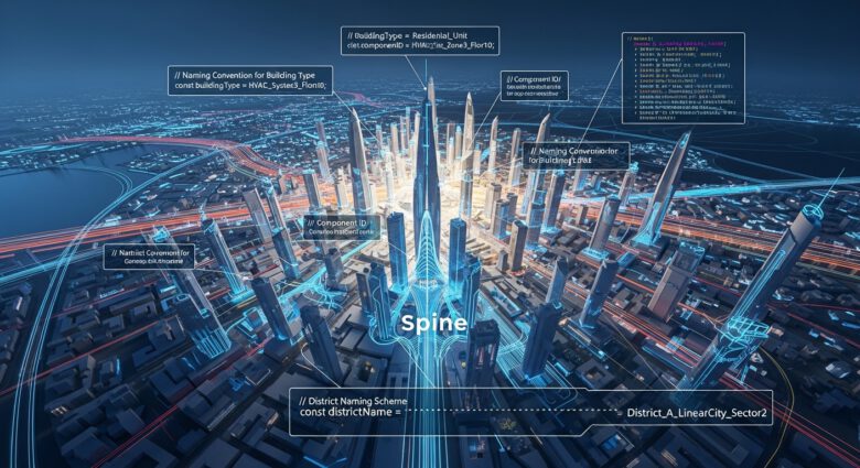 كيفية تسمية عناصر BIM وفق معيار NEOM (أمثلة 2026) 1 مخطط رقمي يوضح تطبيق معيار NEOM لتسمية عناصر BIM في مدينة ذكية.