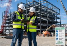 مهندسون إنشائيون يراجعون المخططات الرقمية في موقع بناء هيكل فولاذي، مما يوضح أهمية بيان الطريقة في التنفيذ.