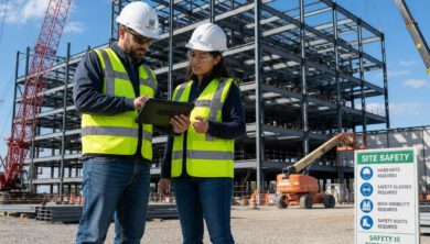 مهندسون إنشائيون يراجعون المخططات الرقمية في موقع بناء هيكل فولاذي، مما يوضح أهمية بيان الطريقة في التنفيذ.