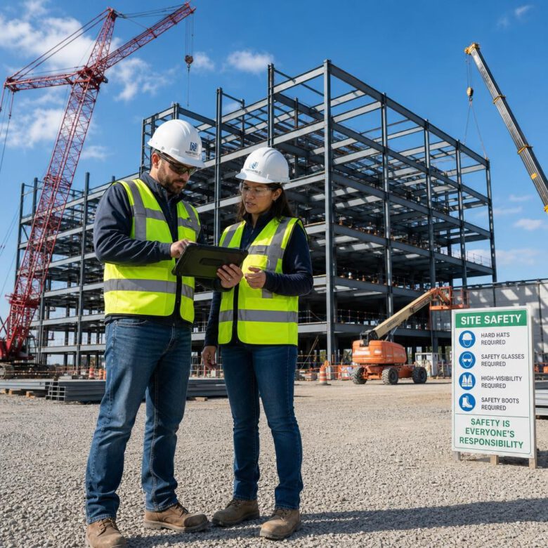 مهندسون إنشائيون يراجعون المخططات الرقمية في موقع بناء هيكل فولاذي، مما يوضح أهمية بيان الطريقة في التنفيذ.