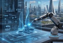 كيف طوّر الذكاء الاصطناعي الهندسي قواعد التصميم في 2026 3 مخطط معماري مستقبلي متوهج على واجهة هولوغرافية مع ذراع روبوتية تعمل بالذكاء الاصطناعي.