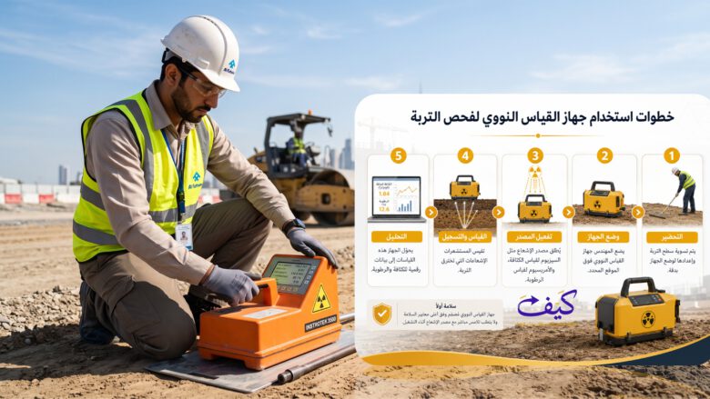 اختبار الكثافة الحقلية للتربة باستخدام الجهاز النووي - خطوات استخدام النووي في قياس نسبة الدمك