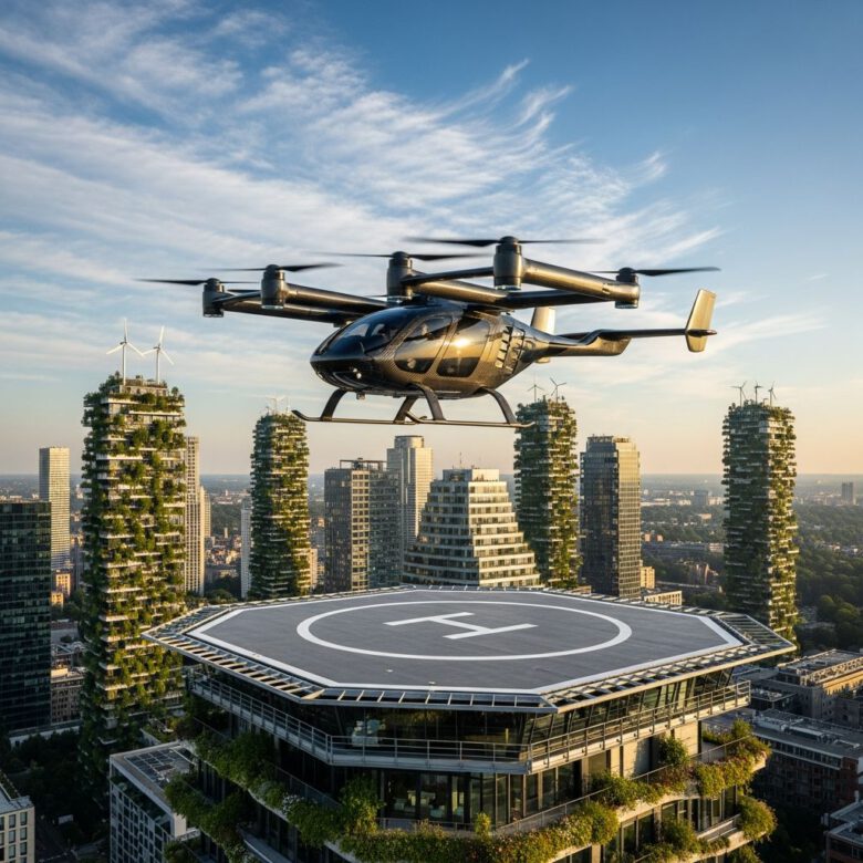 مركبة طائرة تقلع من مدرج فوق مبنى في مدينة مستدامة - مستقبل السيارات في 2035