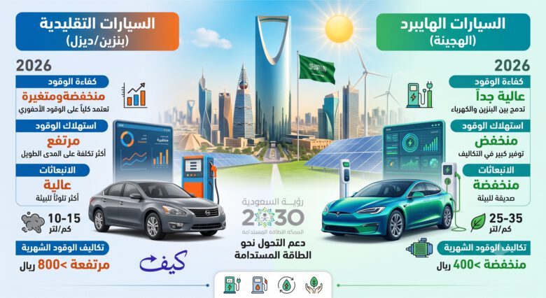 مقارنة كفاءة الوقود بين السيارات الاقتصادية التي تعمل بالوقود وسيارات الهايبرد في السعودية 2026