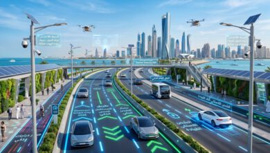 أحدث تقنيات هندسة الطرق والبنية التحتية لعام 2026 3 تصميم مستقبلي لطريق ذكي في مدينة متطورة لعام 2026 يبرز تقنيات البنية التحتية الحديثة