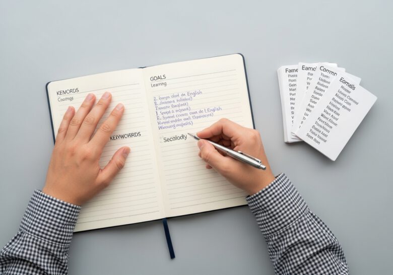 شخص يكتب أهدافه وكلمات إنجليزية شائعة في دفتر لتعلم اللغة - كيف أتعلم اللغة الإنجليزية بسرعة