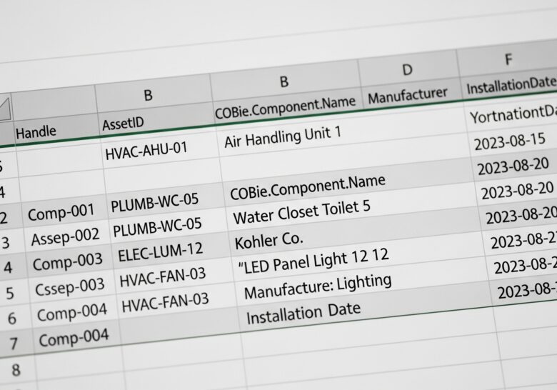 مثال على جدول بيانات COBie في Excel - استيراد وتصدير بيانات COBie بين Civil 3D وExcel