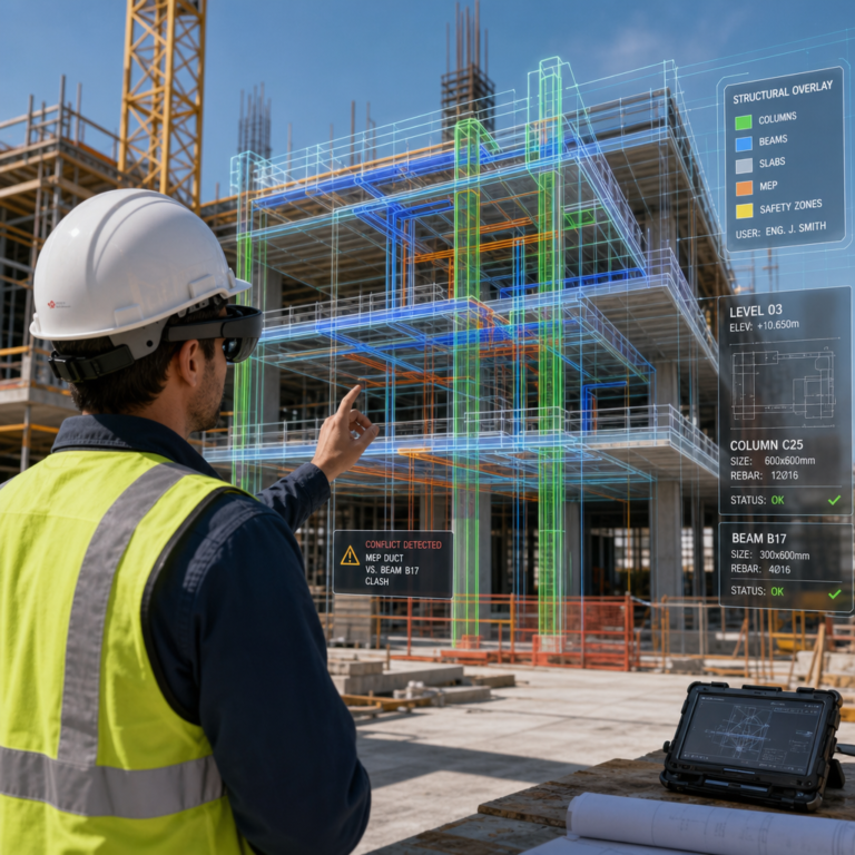 مهندس يستخدم الواقع المعزز في موقع البناء - تقنيات البناء المستدام