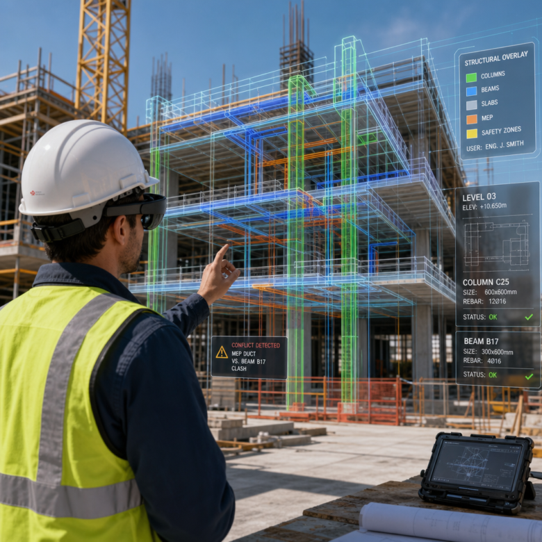 مهندس يستخدم الواقع المعزز في موقع البناء - تقنيات البناء المستدام