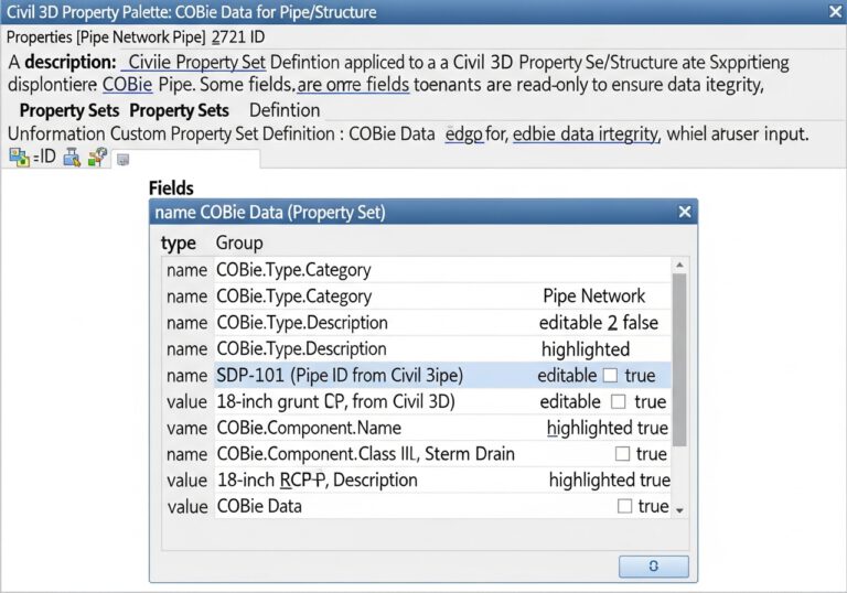 إعدادات Property Sets في Civil 3D لبيانات COBie