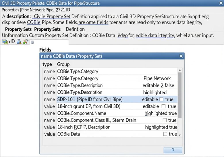 إعدادات Property Sets في Civil 3D لبيانات COBie