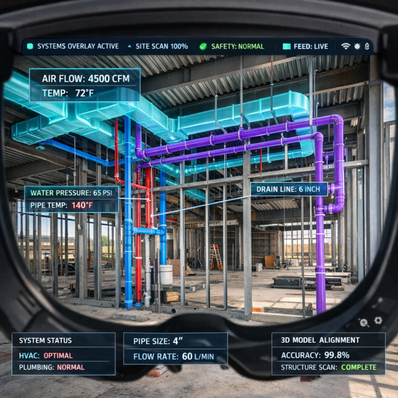 مهندس يستخدم نظارات الواقع المعزز (AR) لرؤية نموذج BIM ثلاثي الأبعاد متراكب على هيكل مبنى حقيقي.