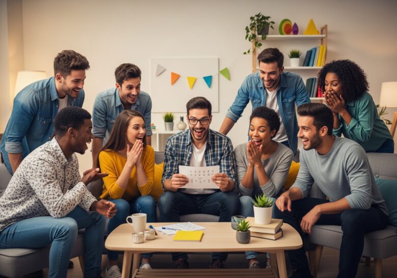 مجموعة من الأصدقاء ينظرون بدهشة وسعادة بينما يقوم أحدهم بتنفيذ حيلة رياضية.