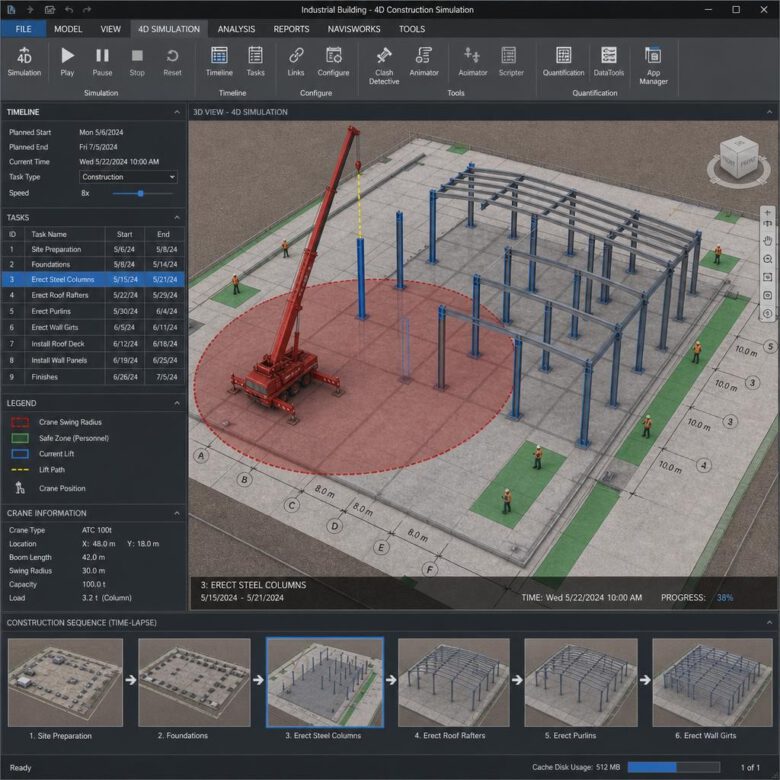نموذج معلومات البناء (BIM) رباعي الأبعاد يوضح تسلسل تركيب الهيكل الفولاذي والمناطق الآمنة، مما يمثل التكنولوجيا الحديثة في بيانات الطريقة.