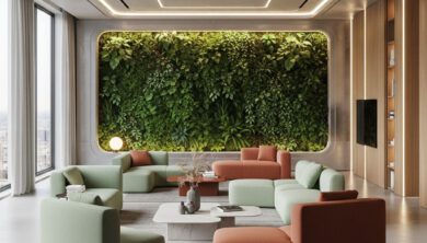 أفضل 10 أفكار ديكور منزلي مبتكرة لعام 2026 6 تصميم داخلي عصري لغرفة معيشة يجمع بين النباتات والأثاث الذكي - أفكار ديكور منزلي 2026