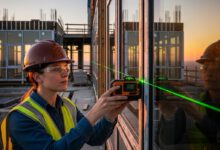 كيفية تركيب النوافذ بطريقة هندسية: 10 خطوات احترافية 3 مهندس يفحص جودة تركيب النوافذ في موقع إنشائي حديث لعام 2027
