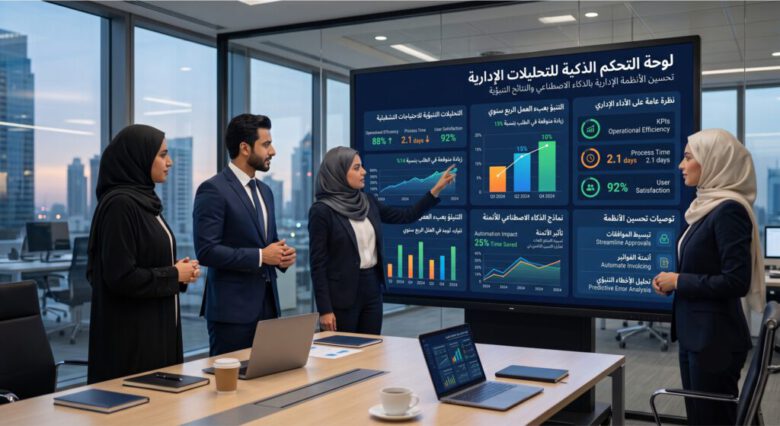 لوحة تحكم ذكية تعرض تحليلات البيانات الإدارية والنتائج التنبؤية - كيفية تحسين الأنظمة الإدارية بالذكاء الاصطناعي