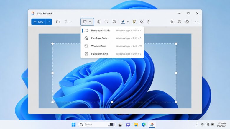 واجهة أداة Snip & Sketch في ويندوز مع خيارات التقاط صورة الشاشة المتعددة.