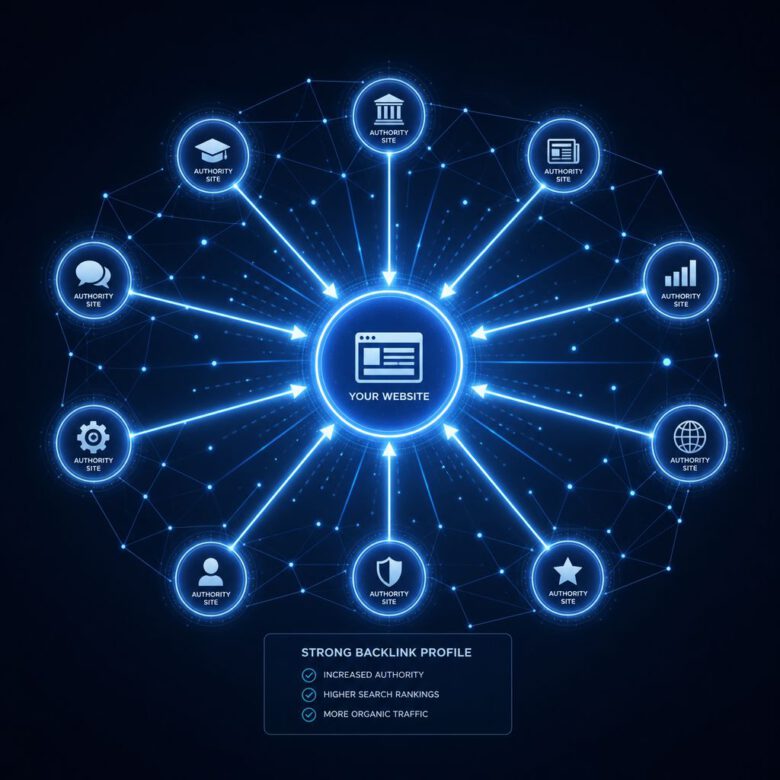 شبكة من الروابط الخلفية القوية تشير إلى موقع إلكتروني لزيادة زوار موقعك وجذب الزوار للموقع.