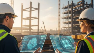 دليل كتابة بيان الطريقة في الهندسة الإنشائية 4 مهندسون إنشائيون يراجعون بيان الطريقة الرقمي في موقع بناء حديث لعام 2027