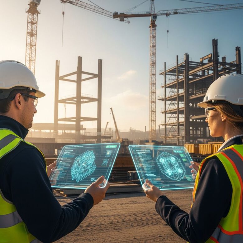 دليل كتابة بيان الطريقة في الهندسة الإنشائية 1 مهندسون إنشائيون يراجعون بيان الطريقة الرقمي في موقع بناء حديث لعام 2027