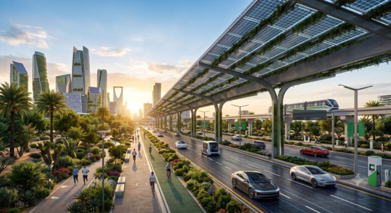 دليل البنية التحتية المستدامة للطرق 2026: الثورة التقنية والهندسية 1 منظر مستقبلي لطريق مستدام في عام 2026 يضم تقنيات الطاقة الشمسية والممرات الخضراء