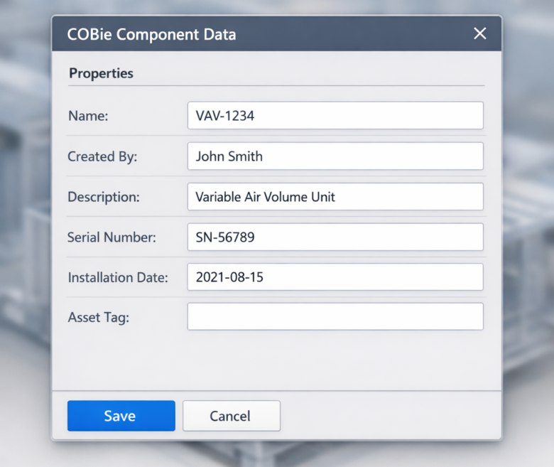 واجهة إدخال بيانات COBie Component تشمل اسم الأصل والوصف والرقم التسلسلي وتاريخ التركيب - دليل بيانات COBie في Civil 3D.